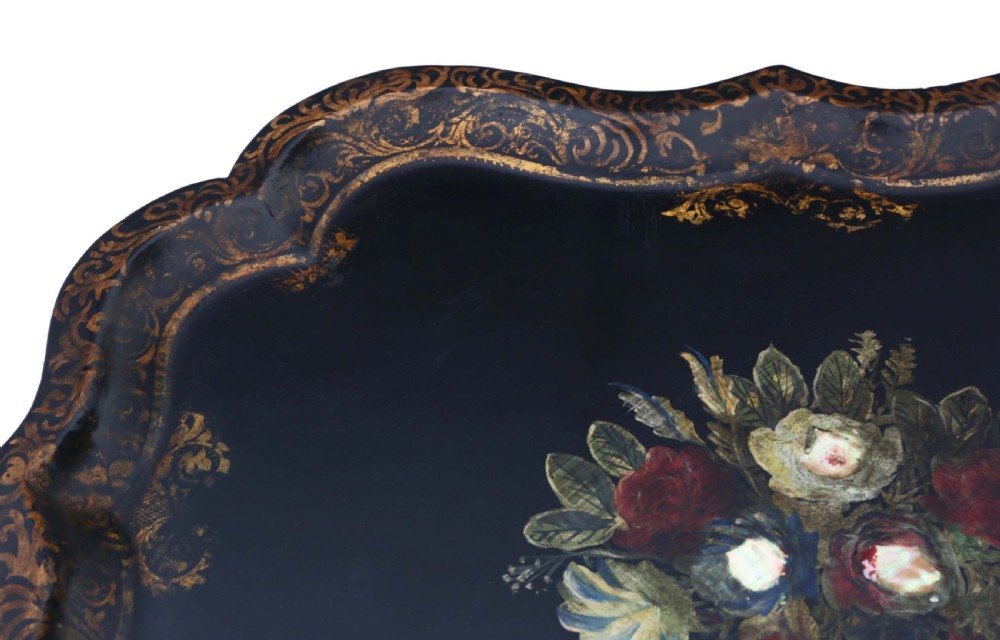 Victorian tilt top decorated black lacquer tray top table View VI
