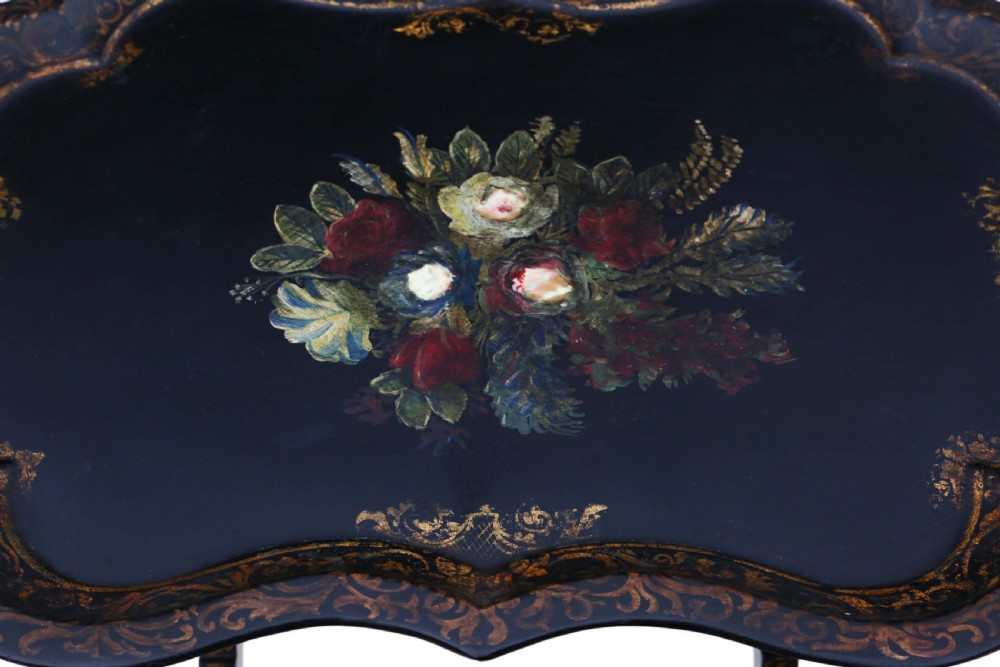Victorian tilt top decorated black lacquer tray top table View VII