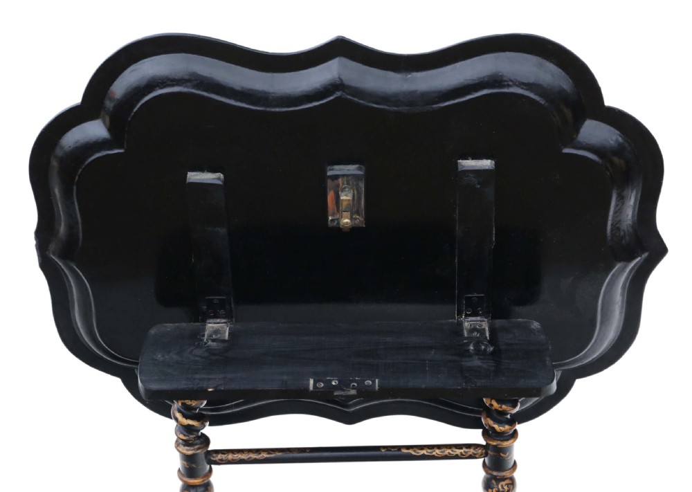 Victorian tilt top decorated black lacquer tray top table View IX