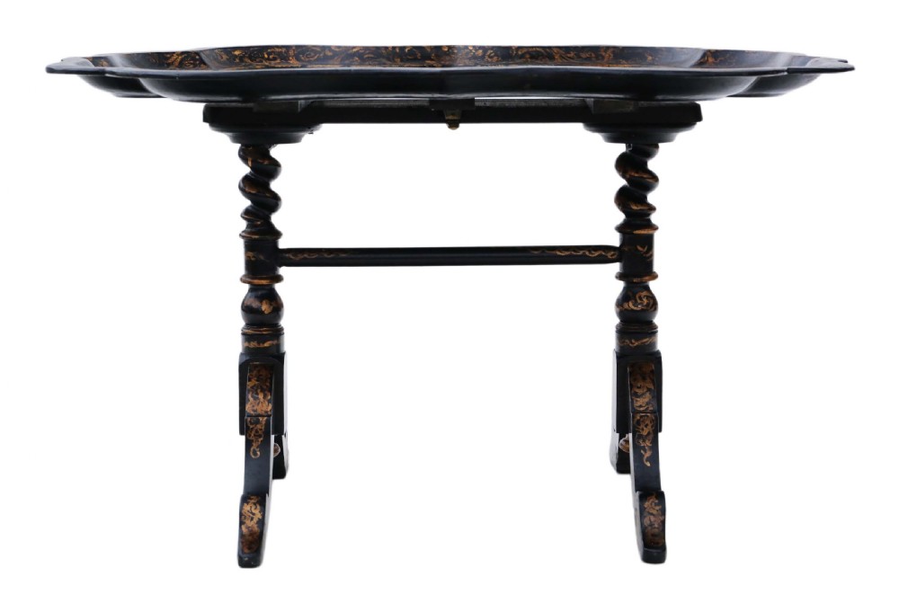Victorian tilt top decorated black lacquer tray top table View XI