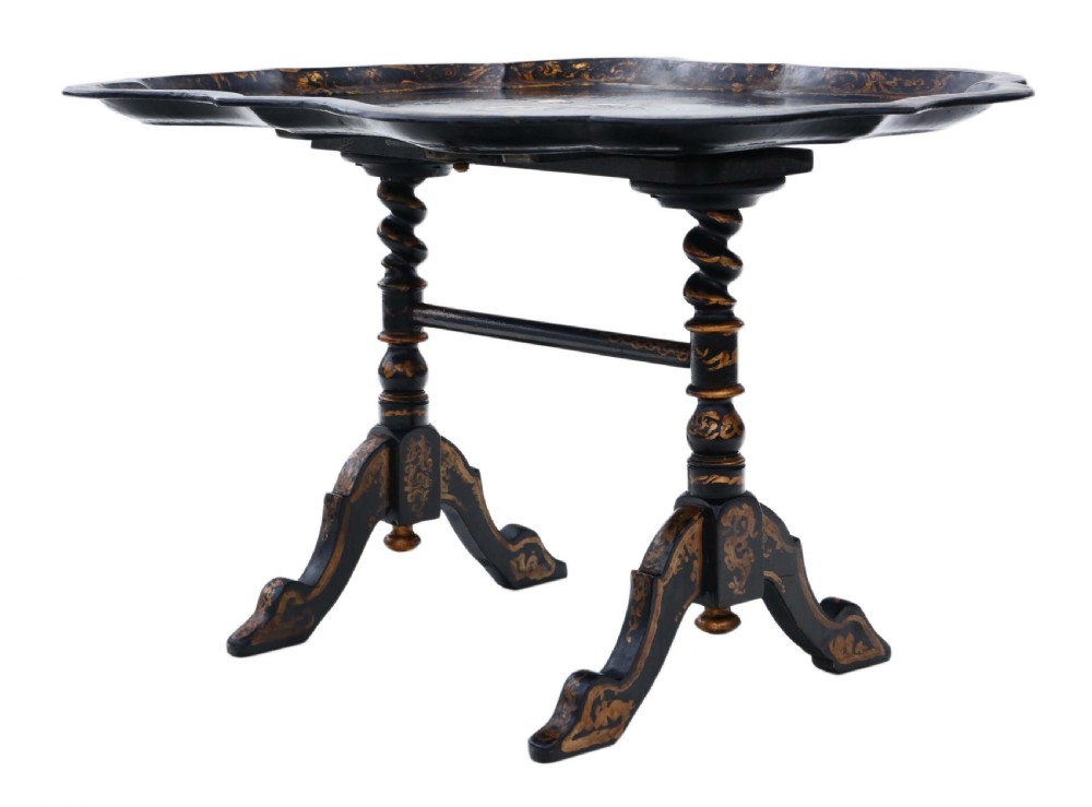Victorian tilt top decorated black lacquer tray top table View XII