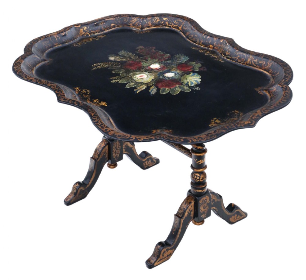 Victorian tilt top decorated black lacquer tray top table View XIII