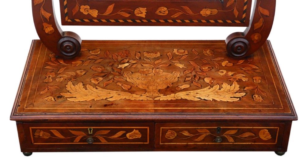 A 19th-century walnut swing mirror with intricate floral marquetry inlay across the frame, twin base drawers, and curved side supports. View IV