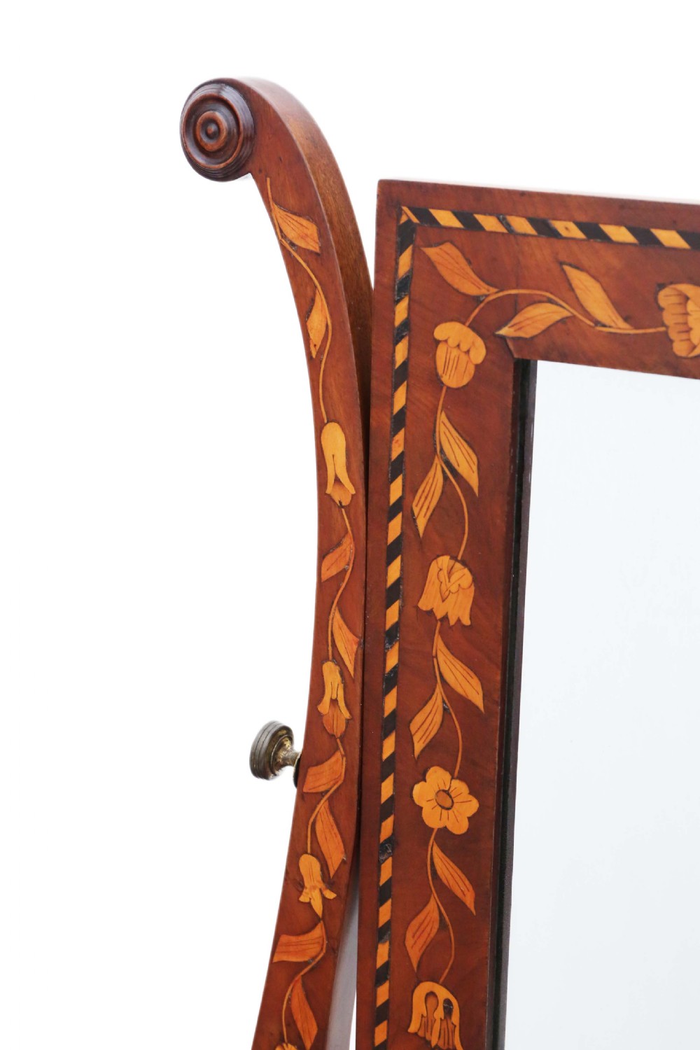 A 19th-century walnut swing mirror with intricate floral marquetry inlay across the frame, twin base drawers, and curved side supports. View V