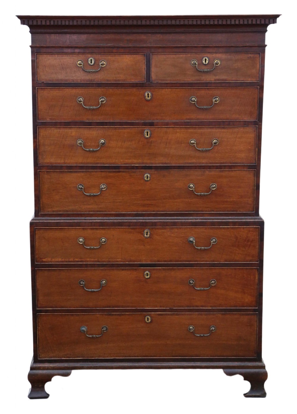 Georgian crossbanded oak tallboy chest on chest of drawers