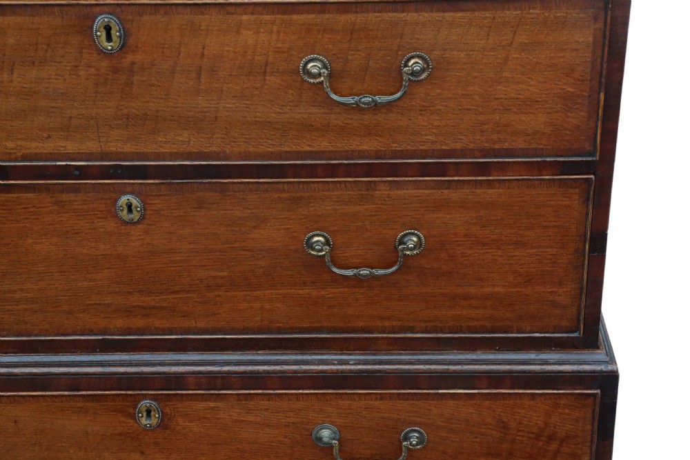 Georgian crossbanded oak tallboy chest on chest of drawers View II