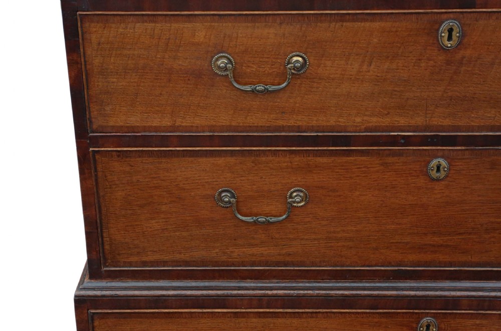 Georgian crossbanded oak tallboy chest on chest of drawers View III