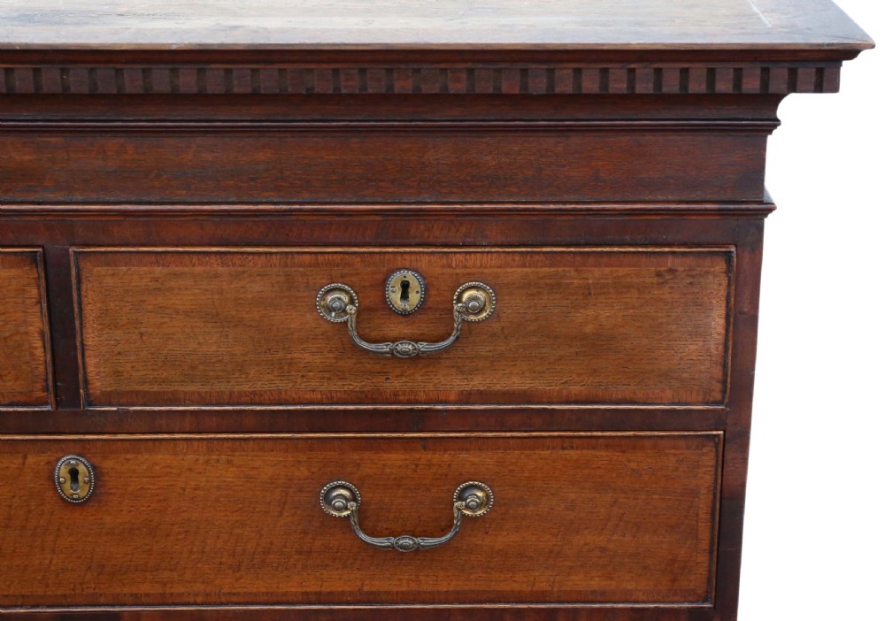 Georgian crossbanded oak tallboy chest on chest of drawers View V
