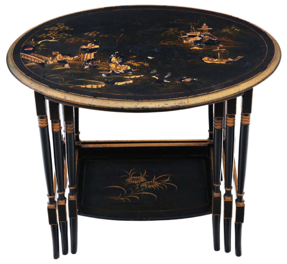 Victorian oriental Chinoiserie nest of 3 decorated black lacquer tables