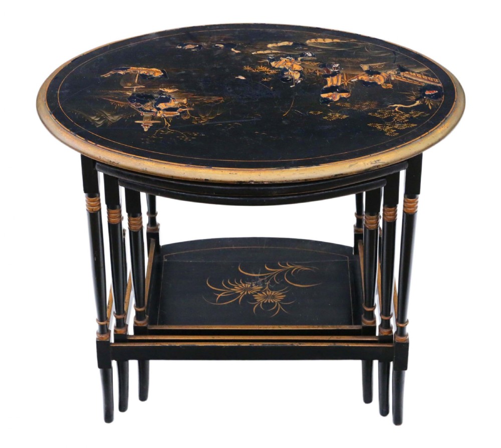 Victorian oriental Chinoiserie nest of 3 decorated black lacquer tables View IV