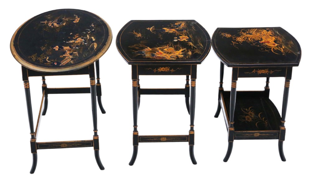 Victorian oriental Chinoiserie nest of 3 decorated black lacquer tables View VI