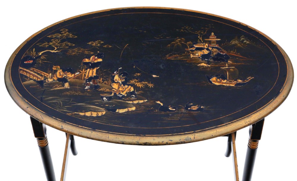 Victorian oriental Chinoiserie nest of 3 decorated black lacquer tables View VII