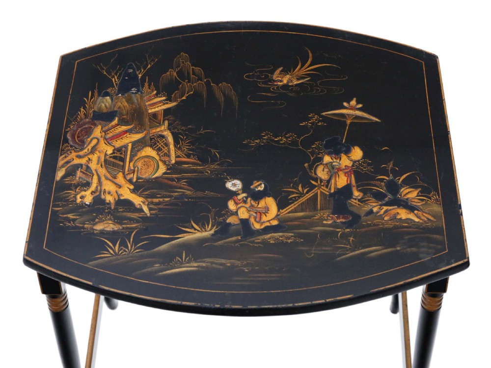 Victorian oriental Chinoiserie nest of 3 decorated black lacquer tables View VIII