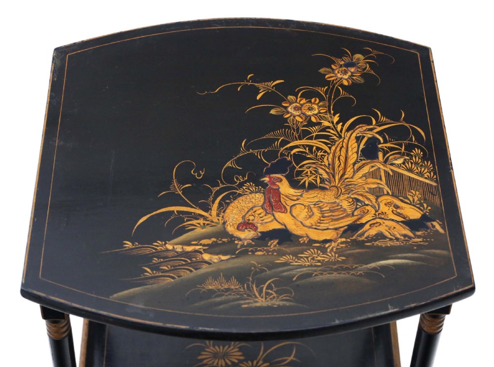 Victorian oriental Chinoiserie nest of 3 decorated black lacquer tables View IX