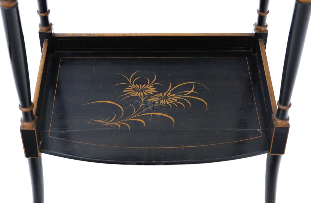 Victorian oriental Chinoiserie nest of 3 decorated black lacquer tables View X