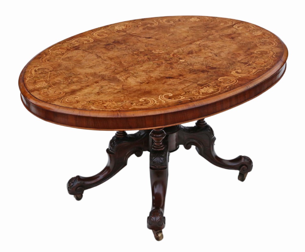 Victorian burr walnut marquetry oval loo table
