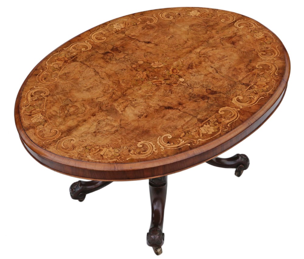 Victorian burr walnut marquetry oval loo table View II