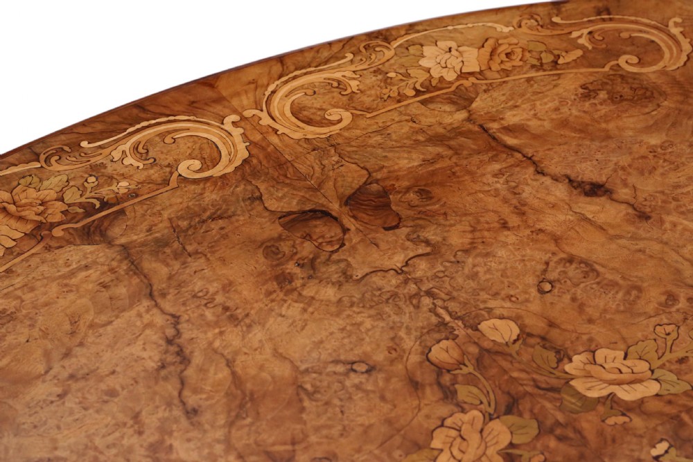 Victorian burr walnut marquetry oval loo table View VII