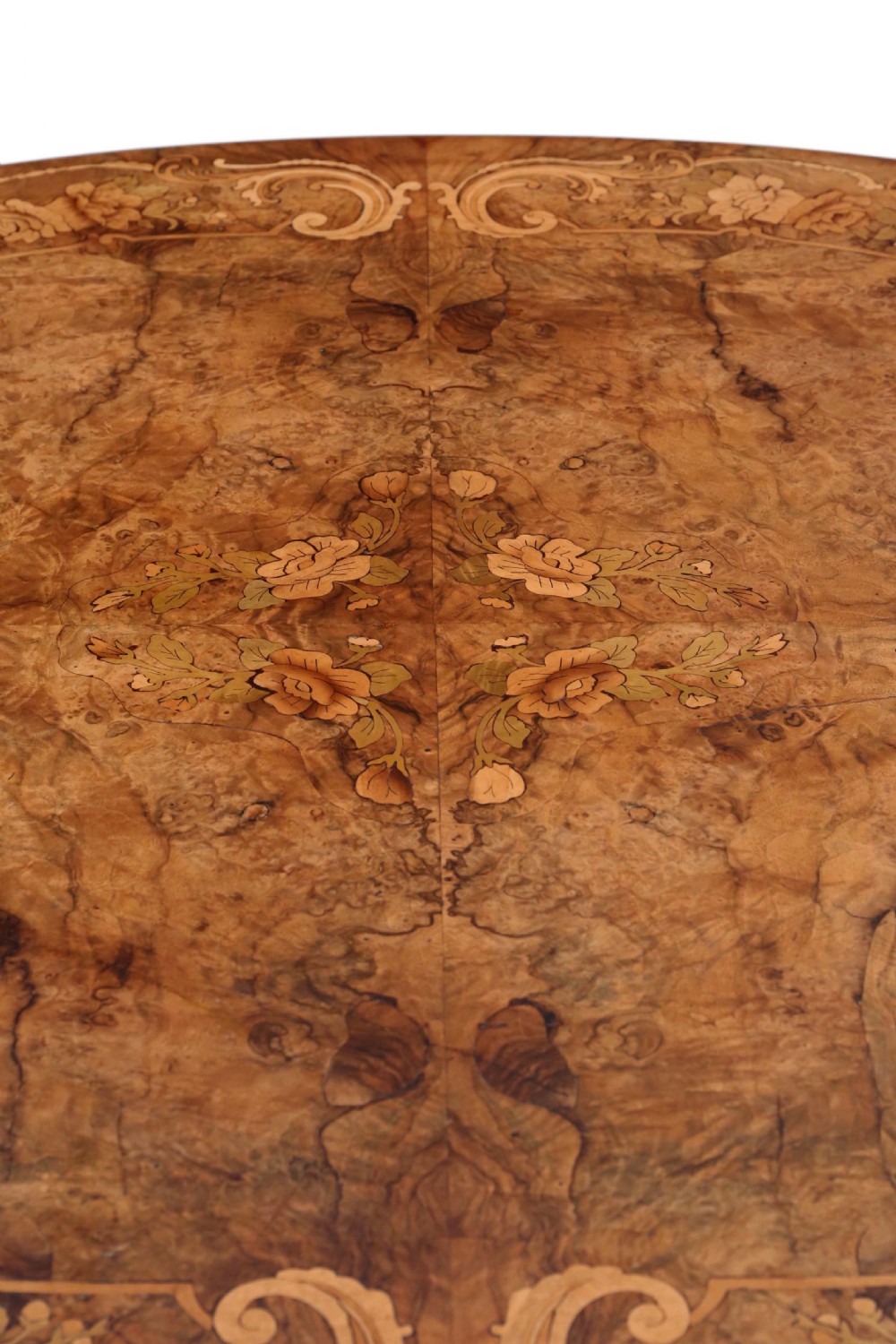 Victorian burr walnut marquetry oval loo table View VIII