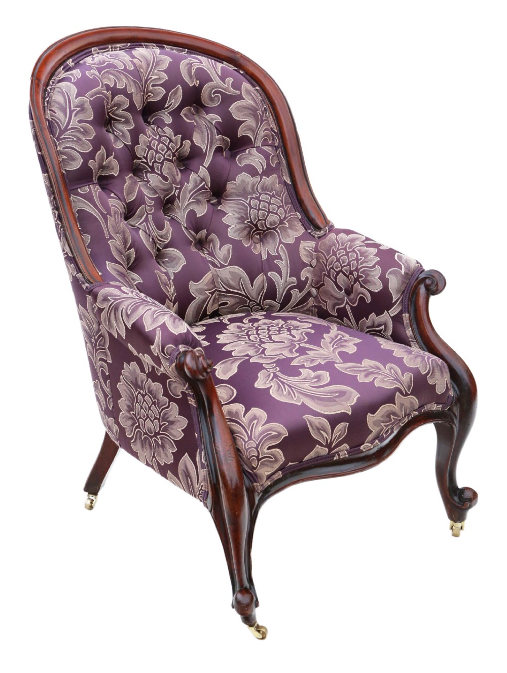 A Victorian mahogany spoon back armchair upholstered in deep purple damask fabric with deep buttoning and cabriole legs. View VII
