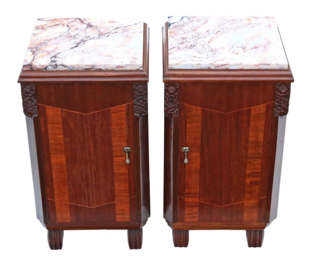 Pair of Art Deco marquetry and marble bedside tables