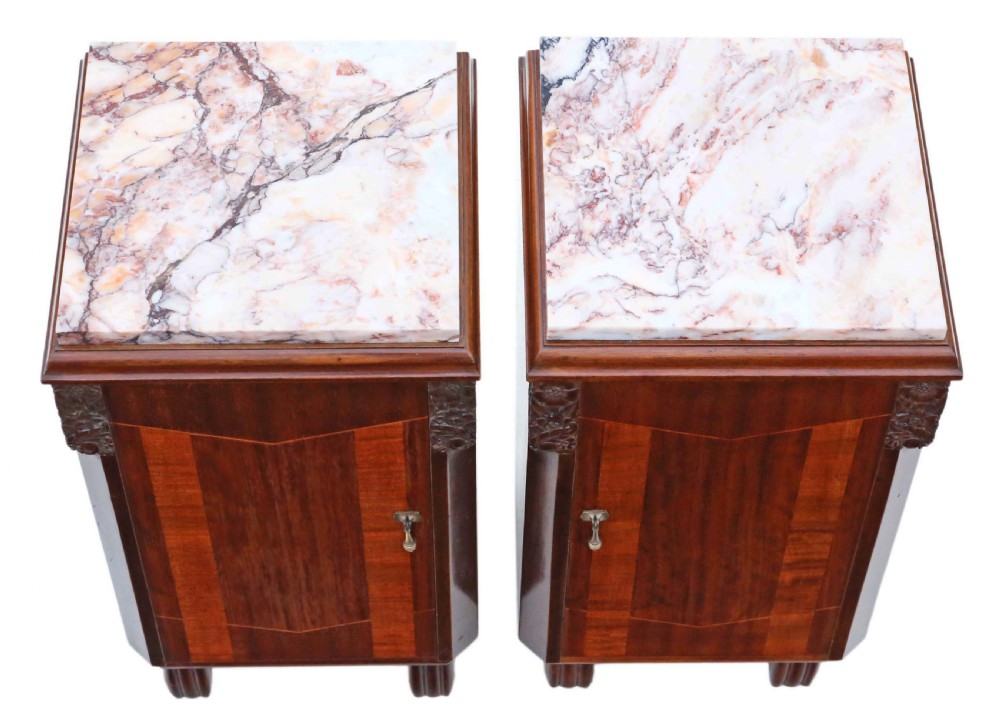 Pair of Art Deco marquetry and marble bedside tables View II