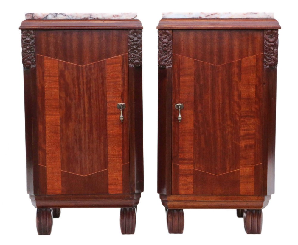 Pair of Art Deco marquetry and marble bedside tables View III