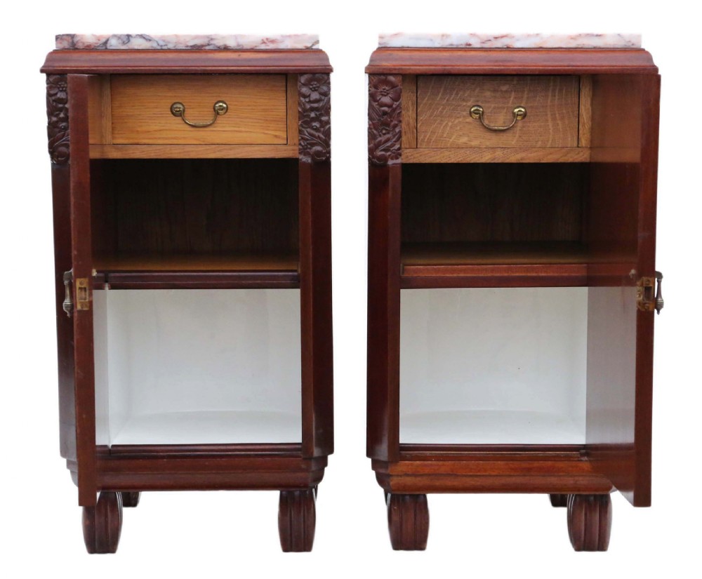 Pair of Art Deco marquetry and marble bedside tables View IV