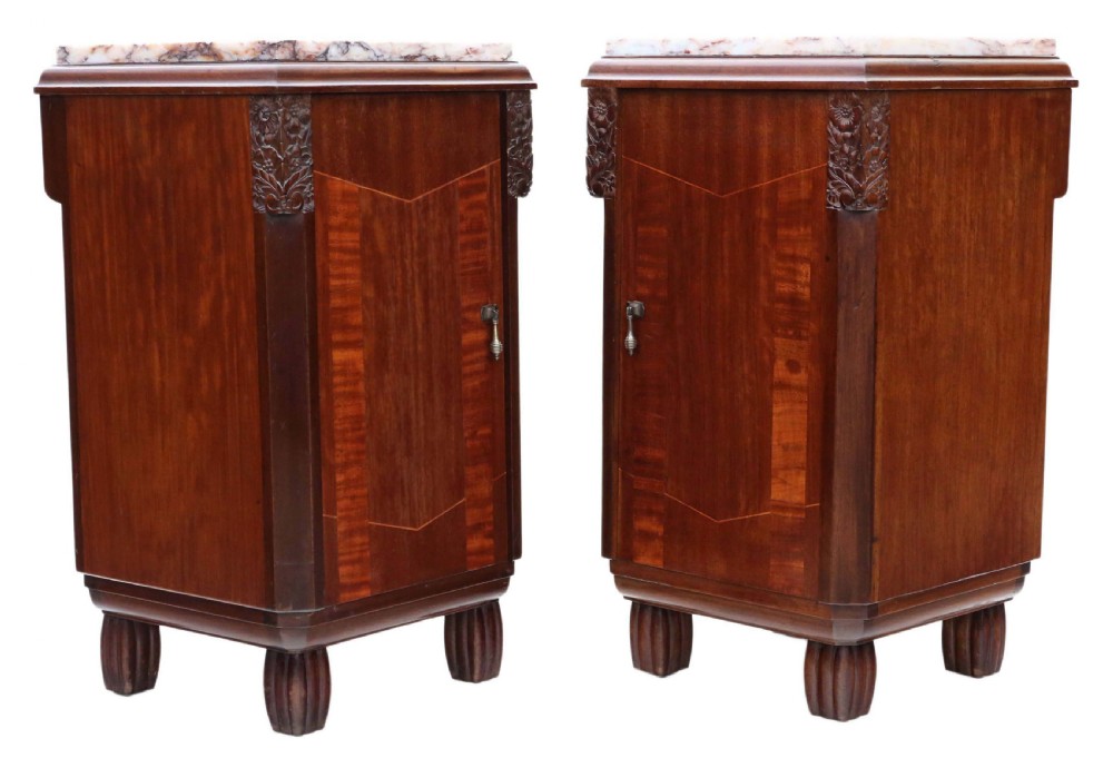 Pair of Art Deco marquetry and marble bedside tables View VII