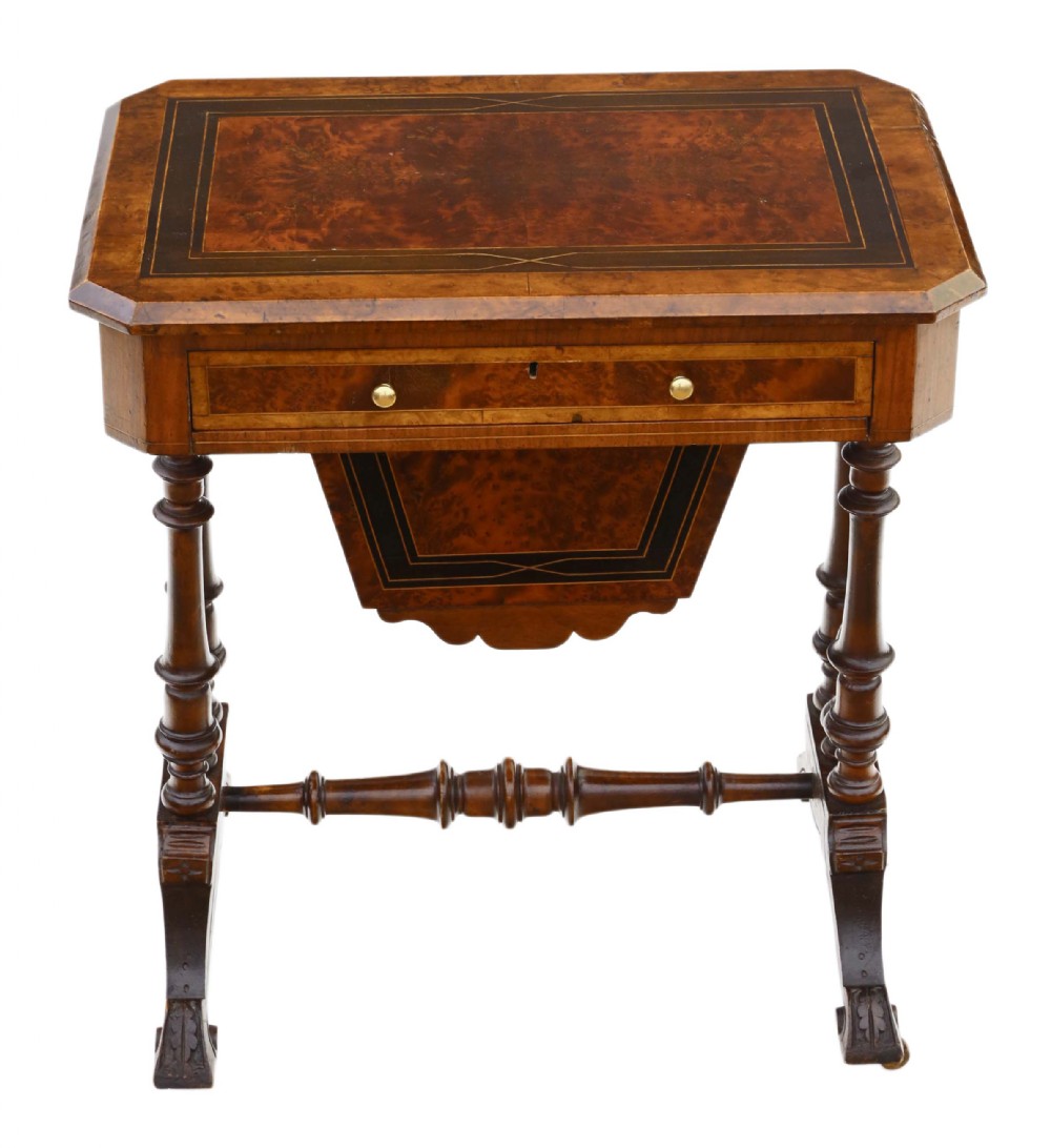 Victorian inlaid burr walnut amboyna work table