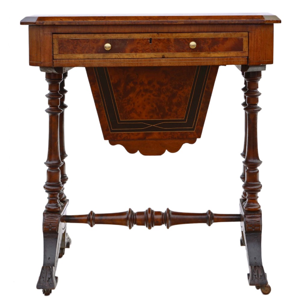 Victorian inlaid burr walnut amboyna work table View II