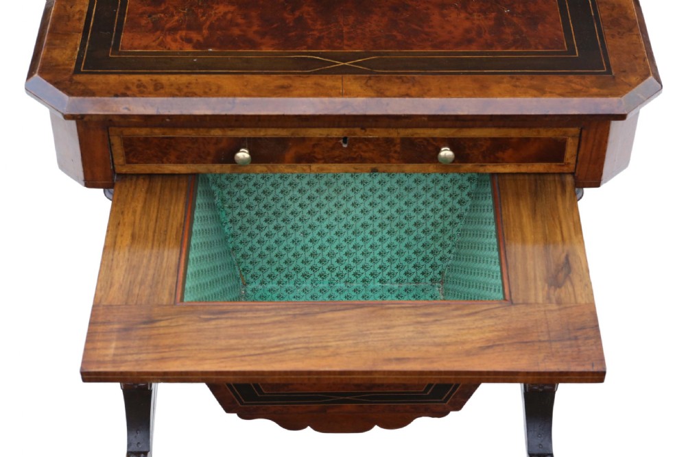 Victorian inlaid burr walnut amboyna work table View III