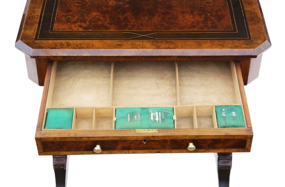 Victorian inlaid burr walnut amboyna work table View IV