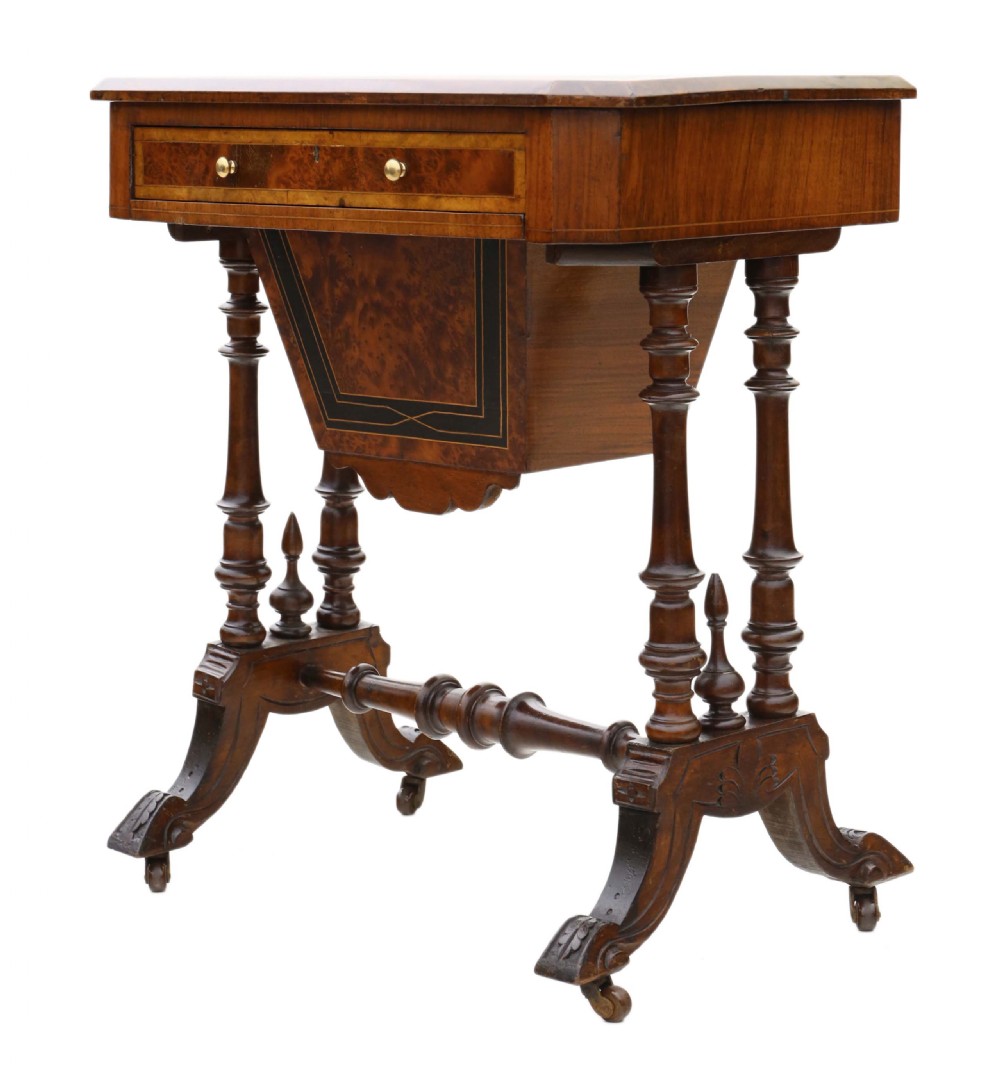 Victorian inlaid burr walnut amboyna work table View V