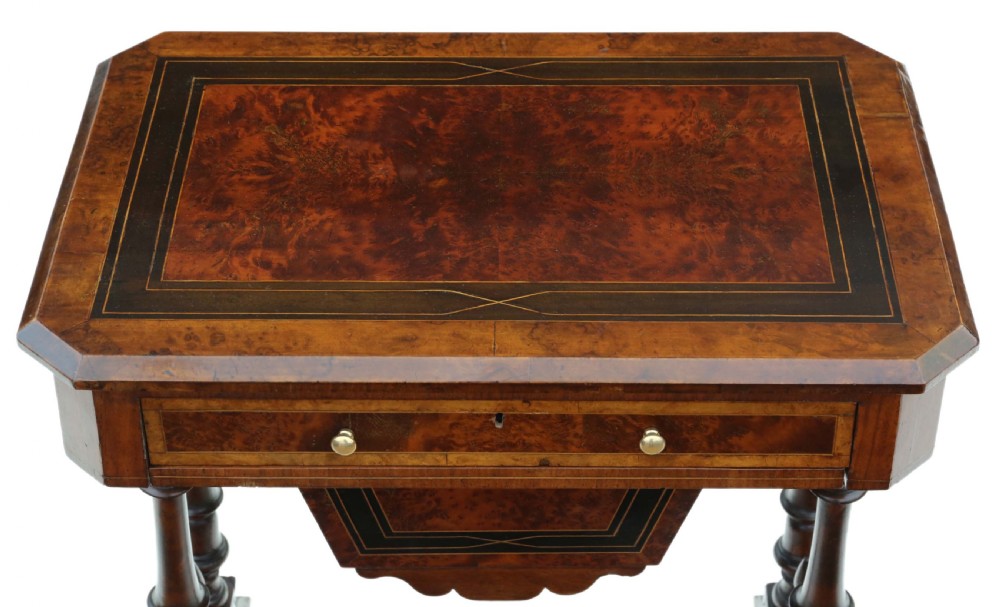 Victorian inlaid burr walnut amboyna work table View VI