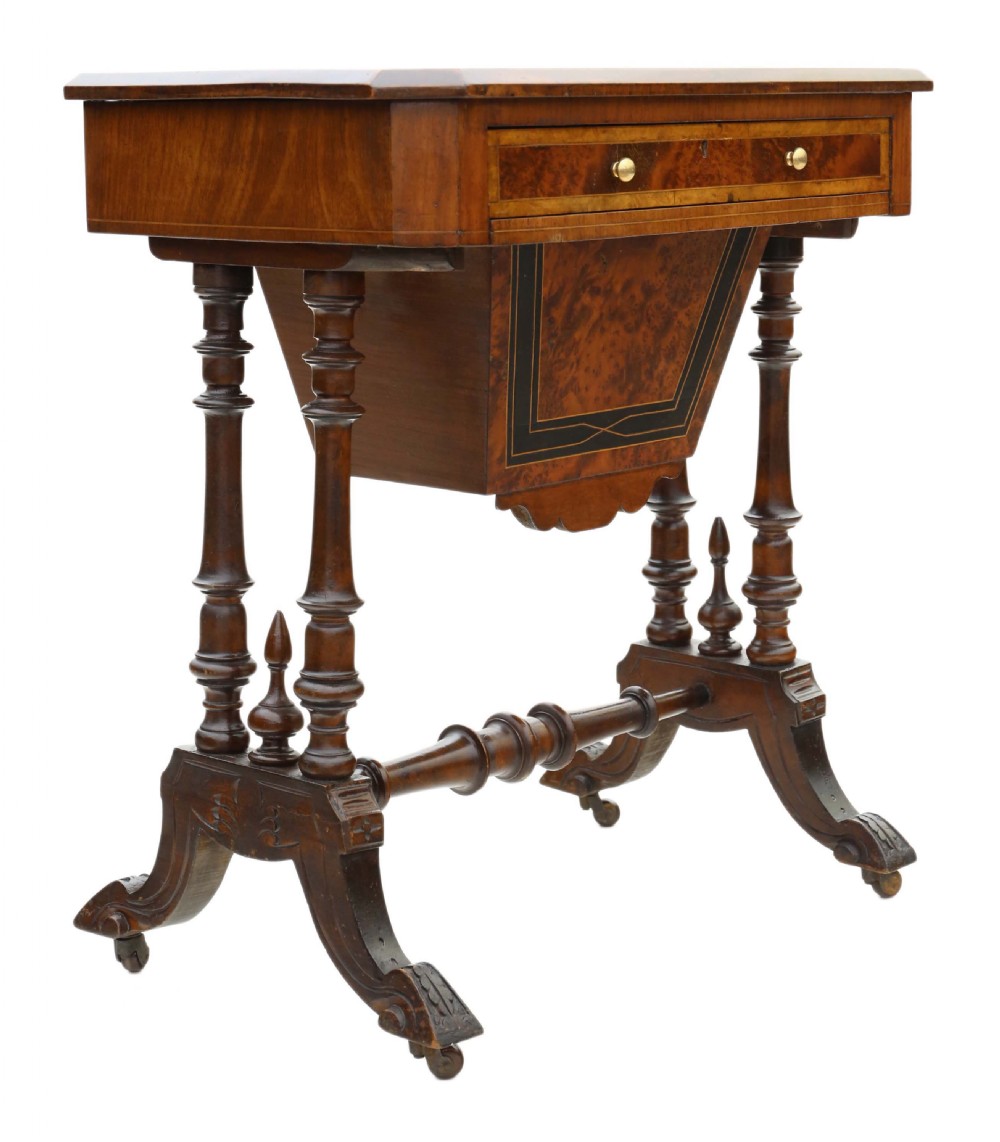 Victorian inlaid burr walnut amboyna work table View VII
