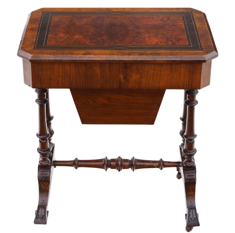 Victorian inlaid burr walnut amboyna work table View VIII