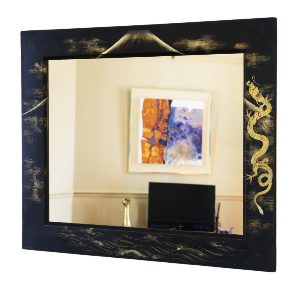 Large pair of black lacquer Japanese decorated wall mirrors View IV