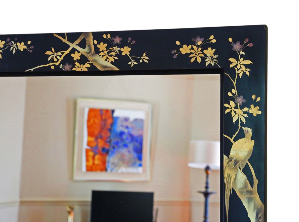 Large pair of black lacquer Japanese decorated wall mirrors View X