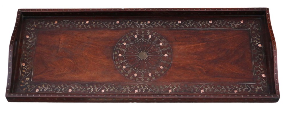 Brass and copper inlaid padauk Eastern serving tray