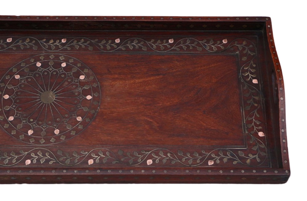 Brass and copper inlaid padauk Eastern serving tray View II