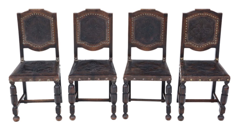 Set of 4 19th Century Portuguese oak and leather dining chairs
