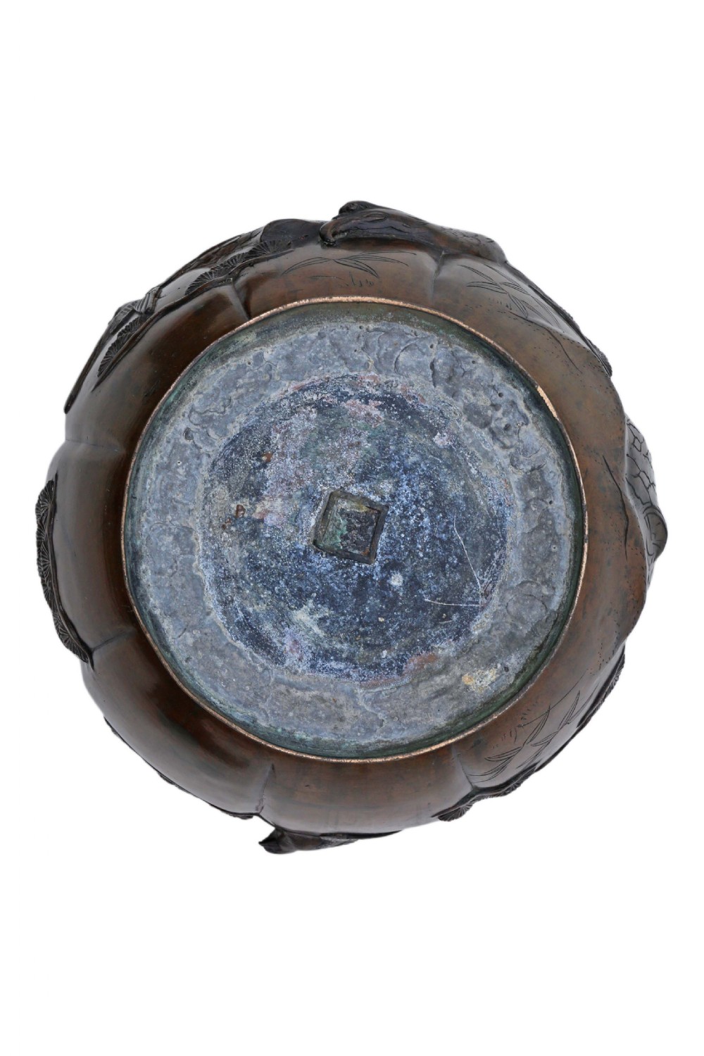 A Japanese Meiji period cast bronze jardiniere featuring a lobed body and high-relief carved decoration depicting birds amongst pine branches. View VI