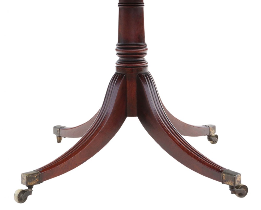 A Regency mahogany drop-leaf table featuring two hinged rectangular leaves, a single frieze drawer with brass handles, and a pedestal base with four reeded splayed legs fitted with brass castors. View VIII