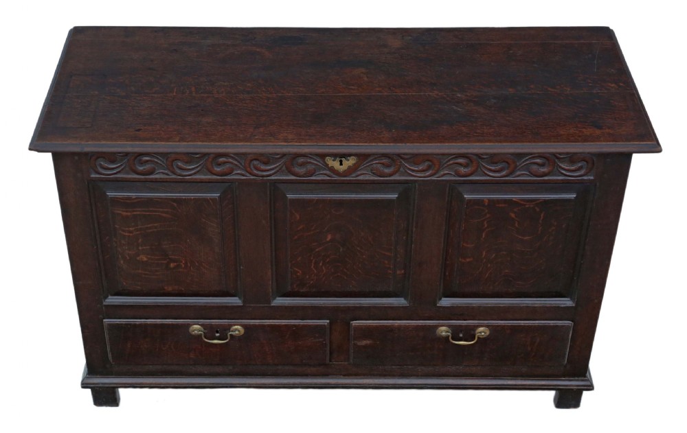 A dark oak Georgian mule chest featuring a carved wave frieze, three fielded front panels, two base drawers with brass handles, and square feet. View II
