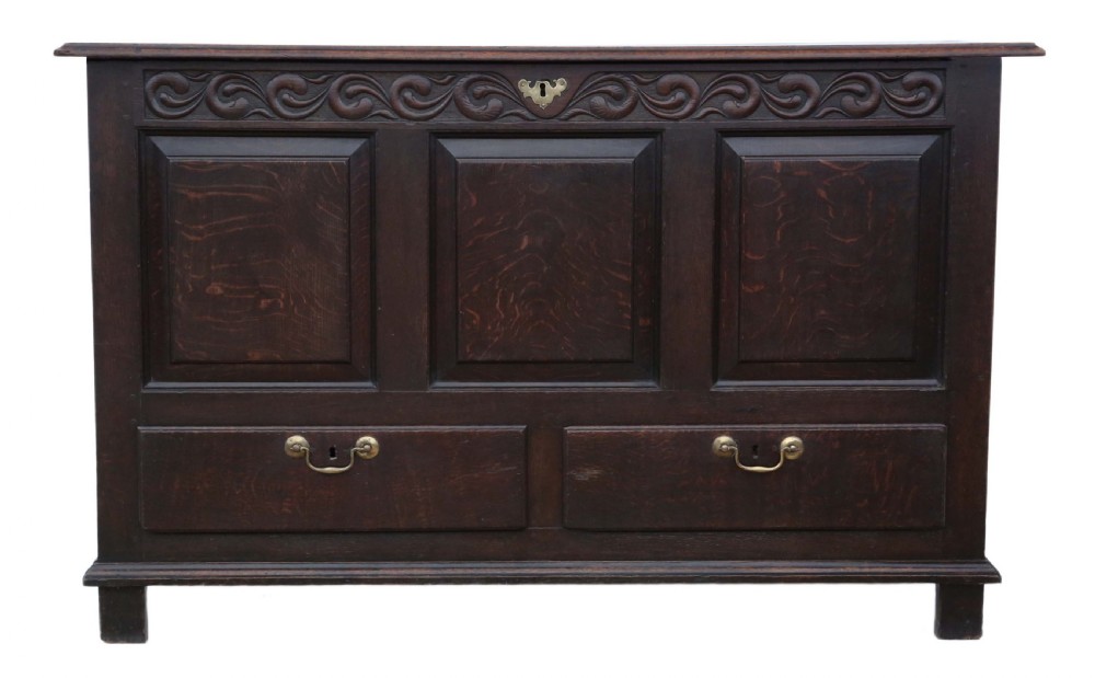 A dark oak Georgian mule chest featuring a carved wave frieze, three fielded front panels, two base drawers with brass handles, and square feet. View III