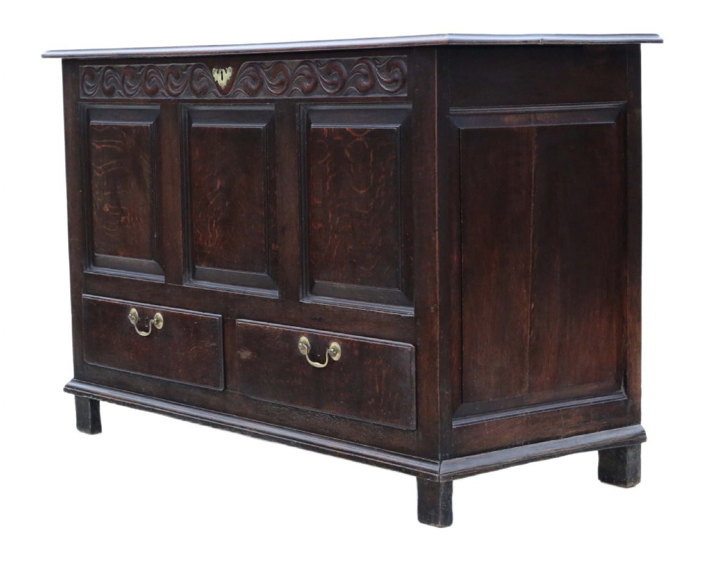 A dark oak Georgian mule chest featuring a carved wave frieze, three fielded front panels, two base drawers with brass handles, and square feet. View V