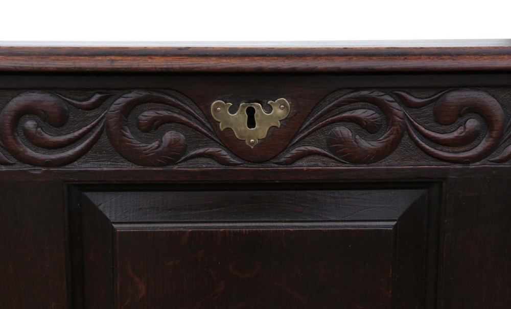 A dark oak Georgian mule chest featuring a carved wave frieze, three fielded front panels, two base drawers with brass handles, and square feet. View X