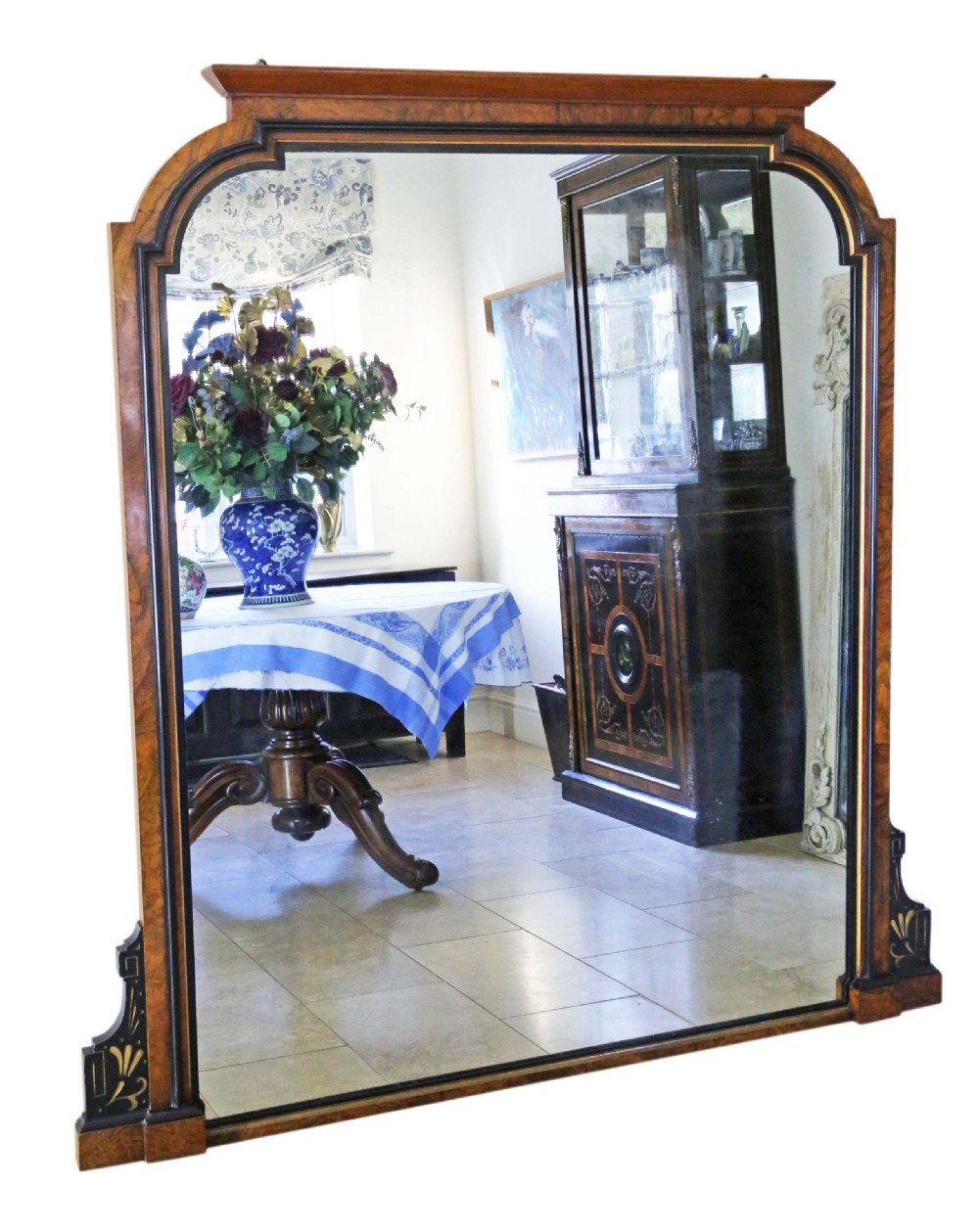 Very large Aesthetic burr walnut and ebonised wall overmantle mirror 