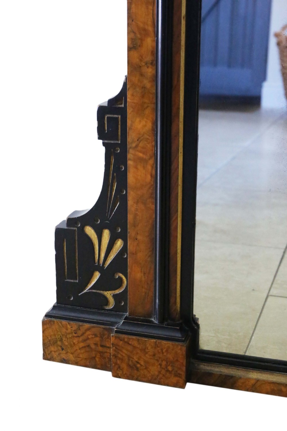 Very large Aesthetic burr walnut and ebonised wall overmantle mirror  View VII